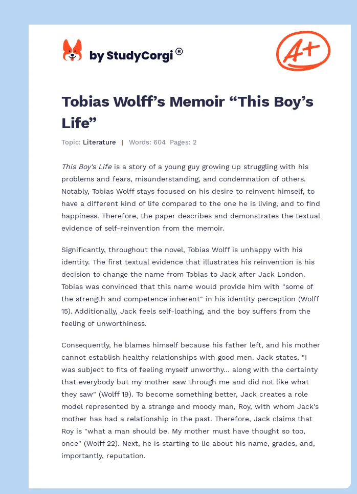 Tobias Wolff’s Memoir “This Boy’s Life”. Page 1