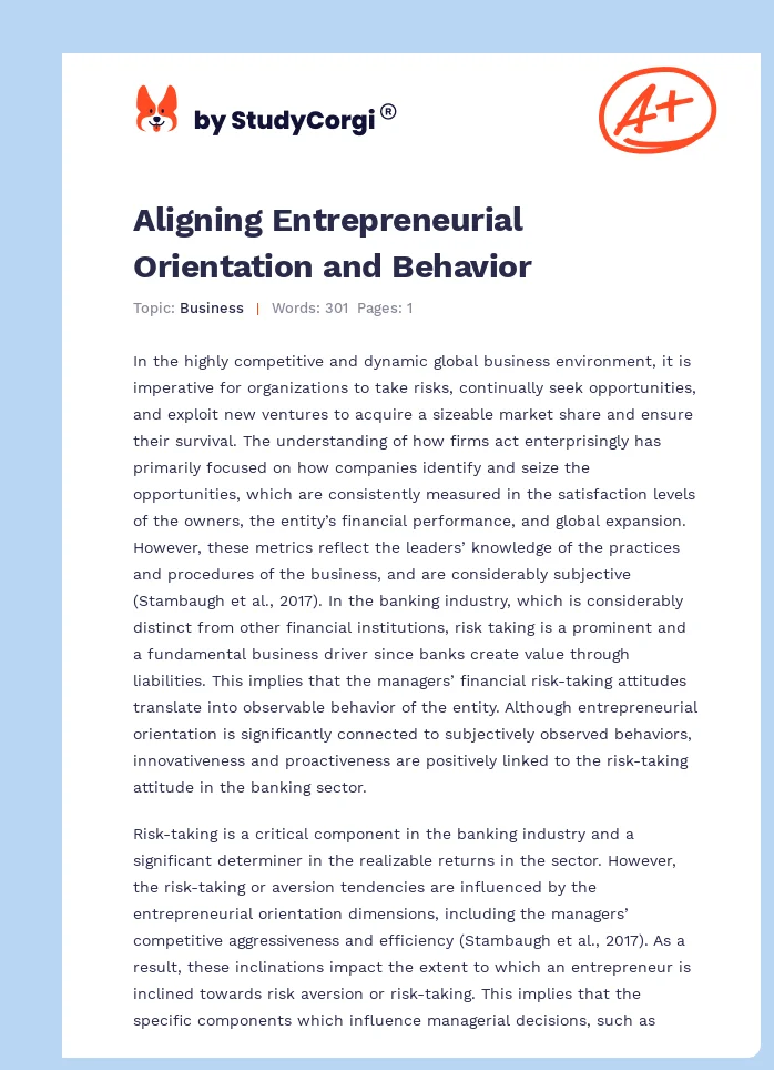Aligning Entrepreneurial Orientation and Behavior. Page 1