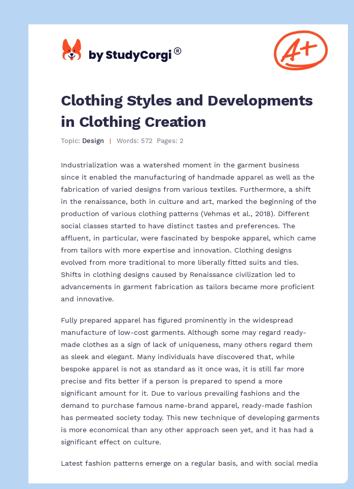Clothing Styles and Developments in Clothing Creation. Page 1