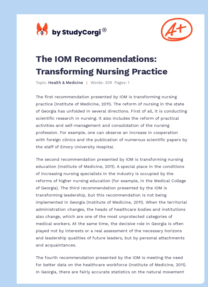 The IOM Recommendations: Transforming Nursing Practice. Page 1