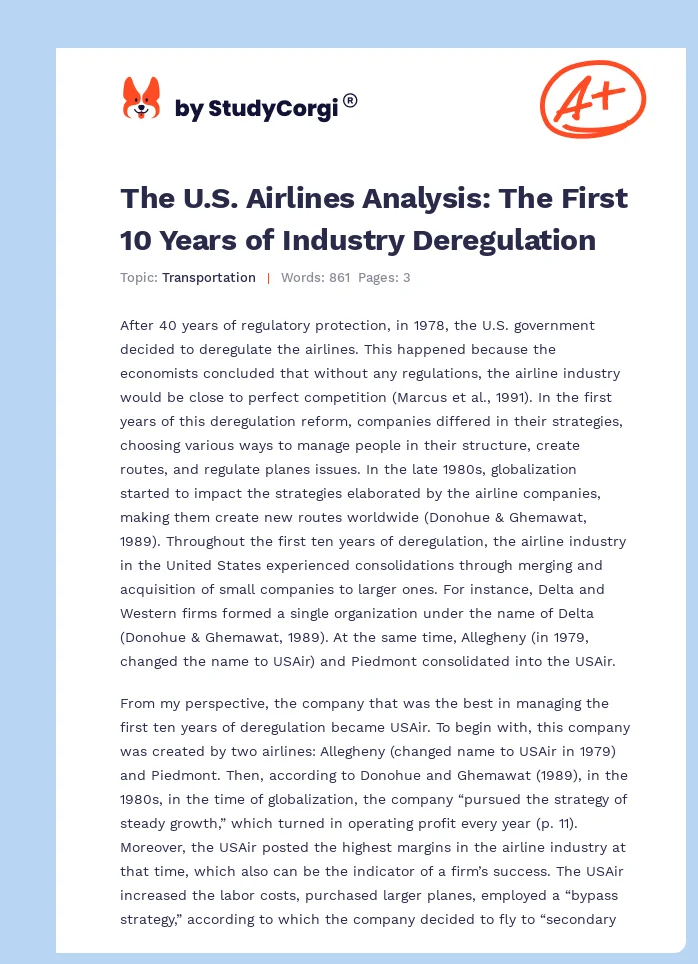 The U.S. Airlines Analysis: The First 10 Years of Industry Deregulation. Page 1