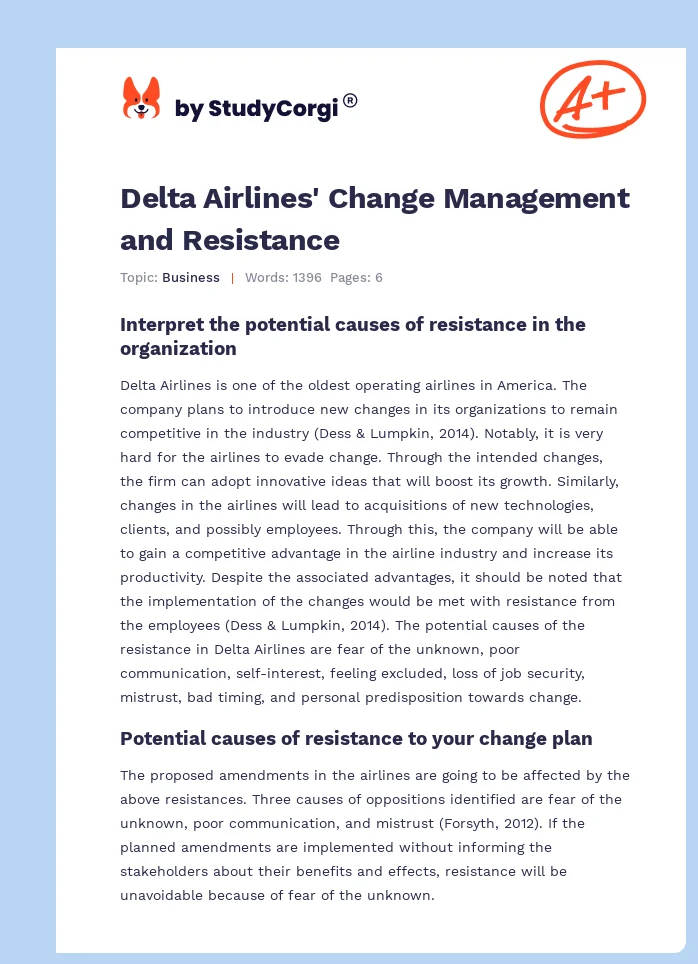 Delta Airlines' Change Management and Resistance. Page 1