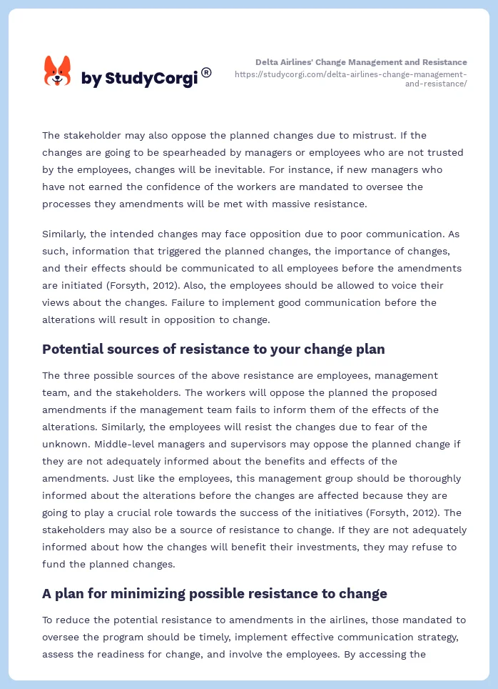 Delta Airlines' Change Management and Resistance. Page 2