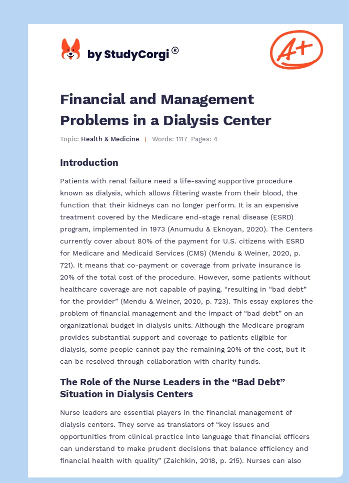 Financial and Management Problems in a Dialysis Center. Page 1