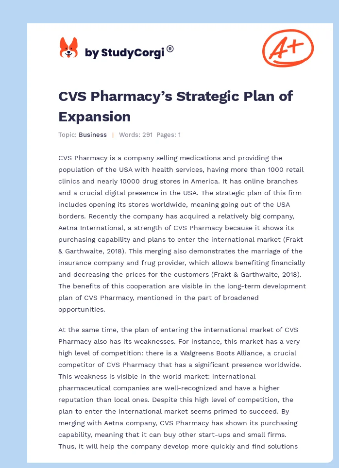 CVS Pharmacy’s Strategic Plan of Expansion. Page 1