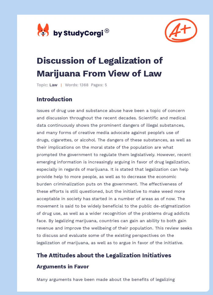 Discussion of Legalization of Marijuana From View of Law. Page 1