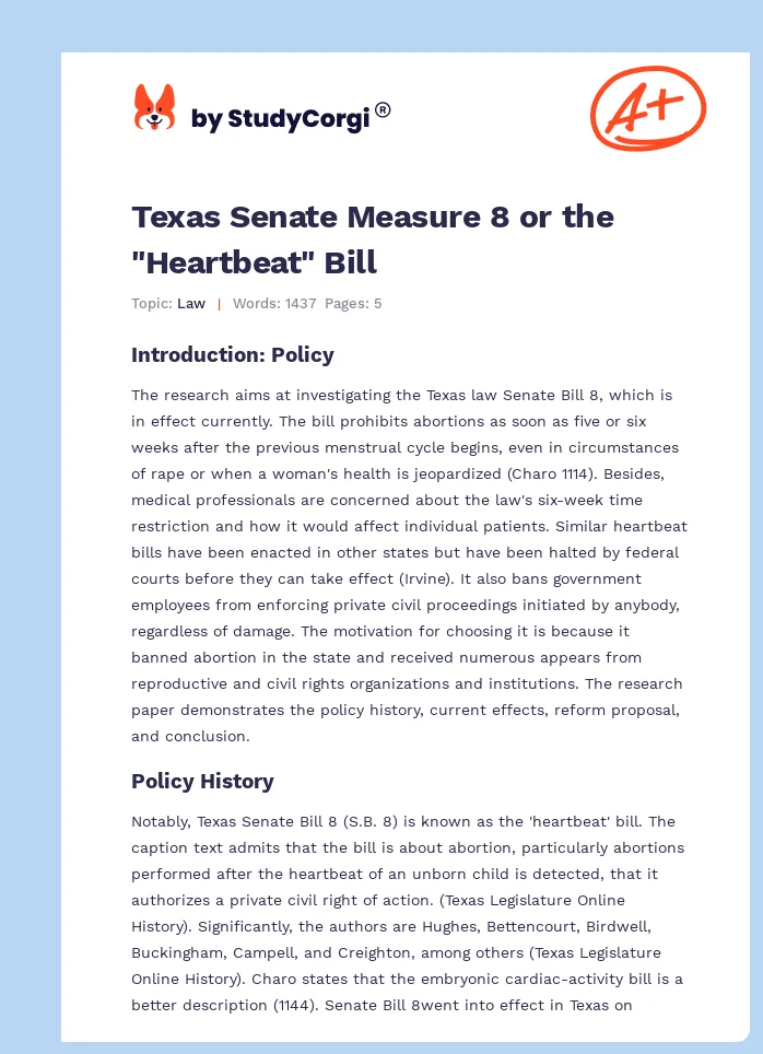 Texas Senate Measure 8 or the "Heartbeat" Bill. Page 1