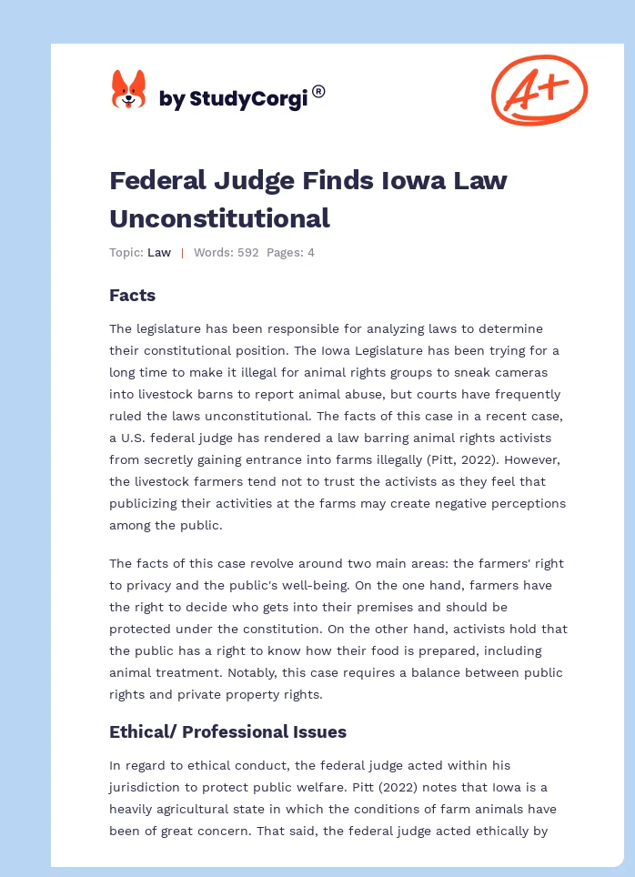 Federal Judge Finds Iowa Law Unconstitutional. Page 1
