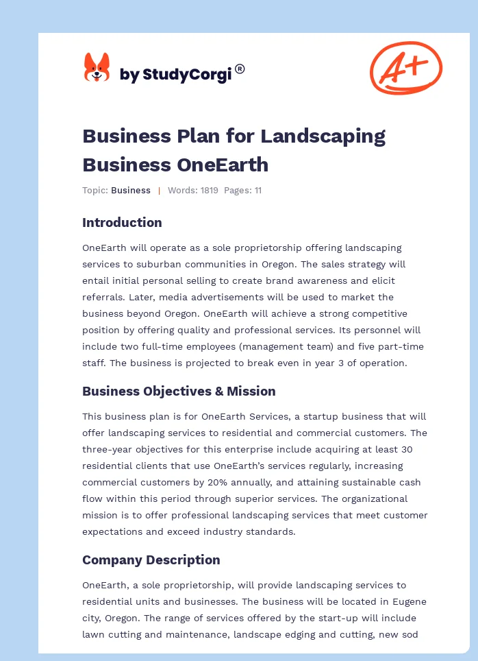 Business Plan for Landscaping Business OneEarth. Page 1