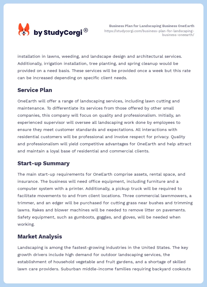 Business Plan for Landscaping Business OneEarth. Page 2