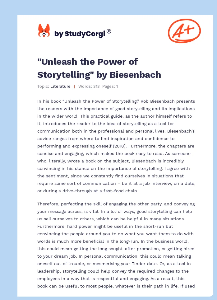 "Unleash the Power of Storytelling" by Biesenbach. Page 1