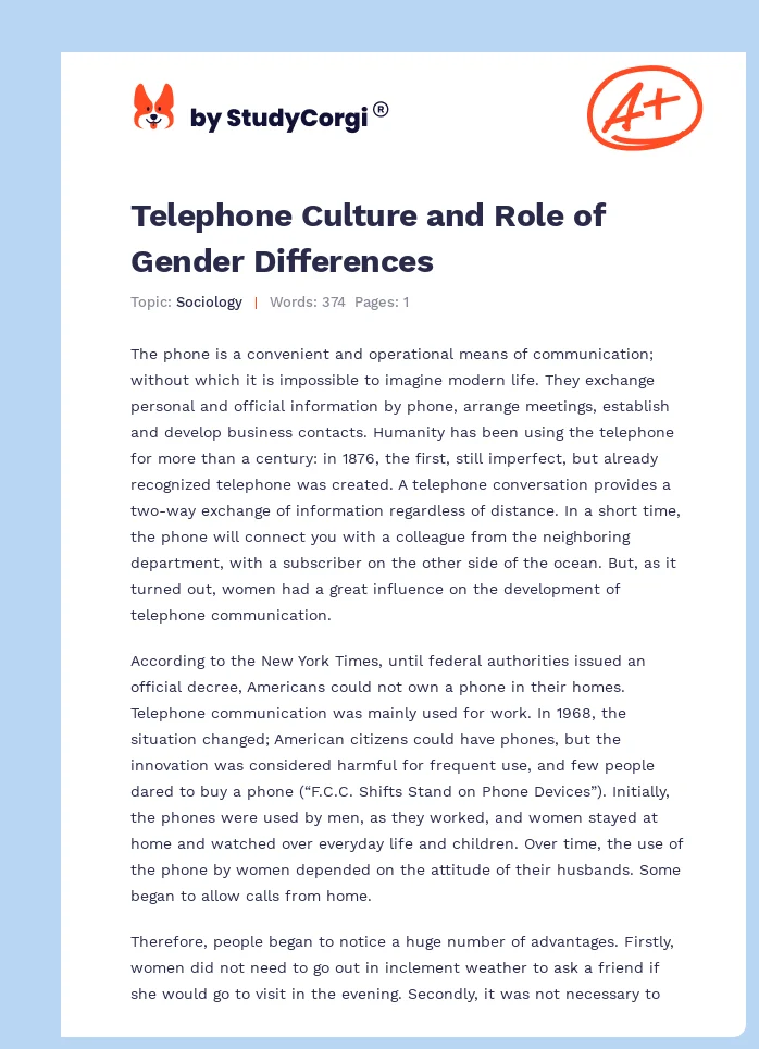 Telephone Culture and Role of Gender Differences. Page 1