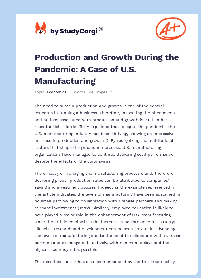 Production and Growth During the Pandemic: A Case of U.S. Manufacturing. Page 1