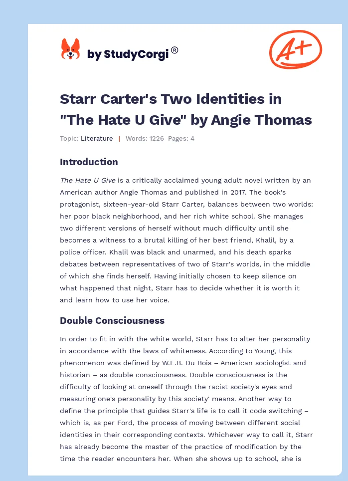 Starr Carter's Two Identities in "The Hate U Give" by Angie Thomas. Page 1