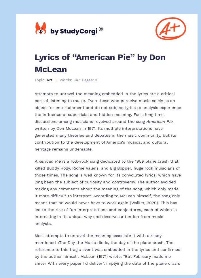 Lyrics of “American Pie” by Don McLean. Page 1