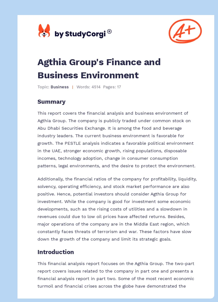 Agthia Group's Finance and Business Environment. Page 1