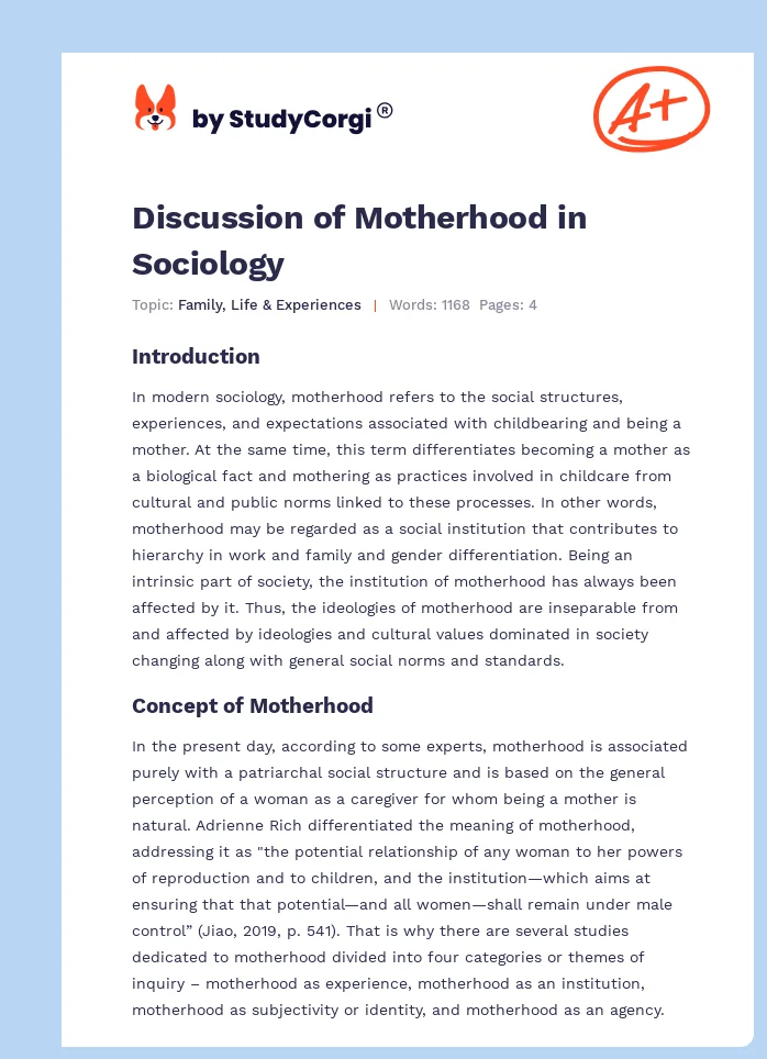 Discussion of Motherhood in Sociology. Page 1