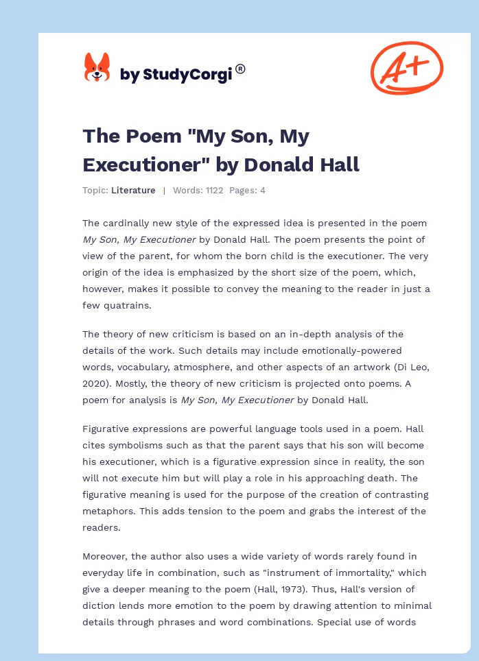 The Poem "My Son, My Executioner" by Donald Hall. Page 1