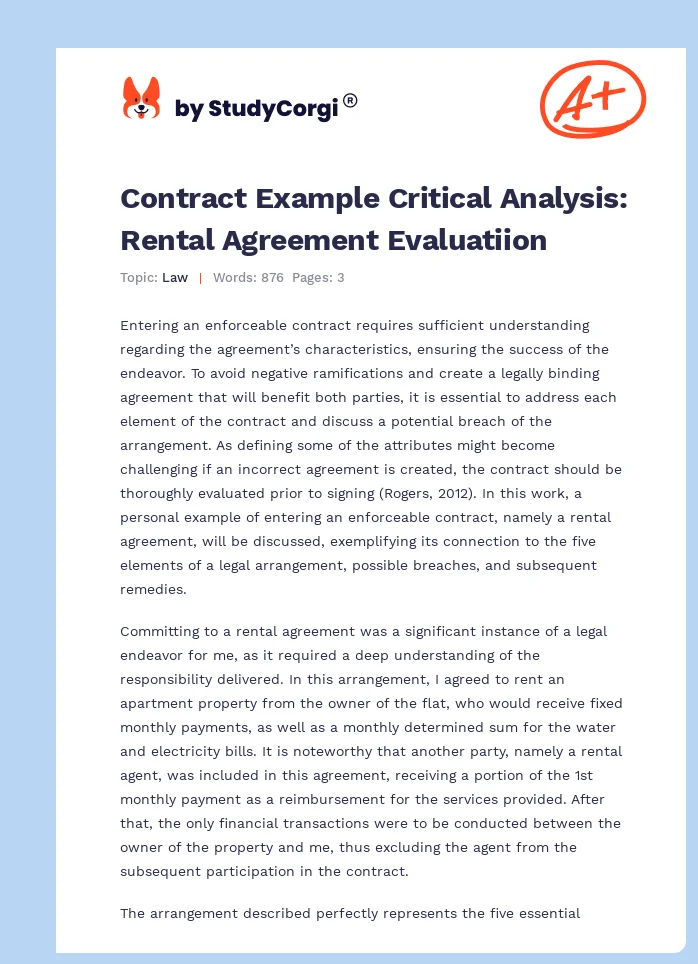 Contract Example Critical Analysis: Rental Agreement Evaluatiion. Page 1