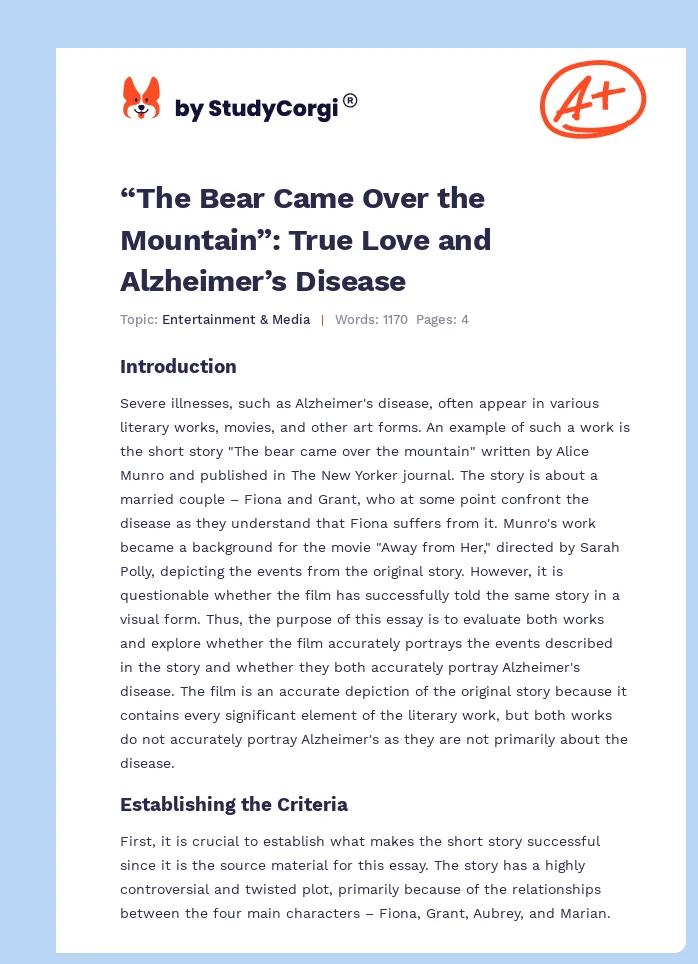 “The Bear Came Over the Mountain”: True Love and Alzheimer’s Disease. Page 1