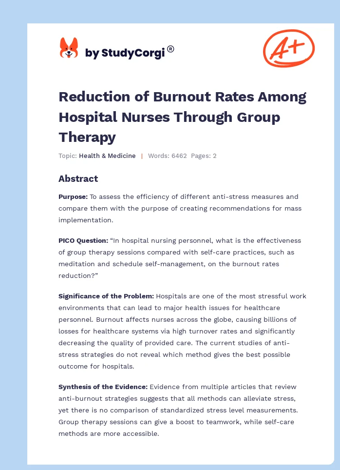 Reduction of Burnout Rates Among Hospital Nurses Through Group Therapy. Page 1