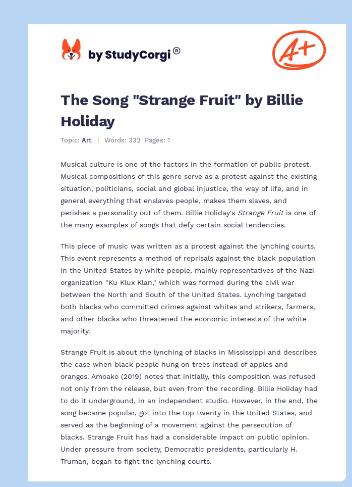 The Song "Strange Fruit" by Billie Holiday. Page 1