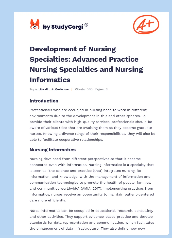 Development of Nursing Specialties: Advanced Practice Nursing Specialties and Nursing Informatics. Page 1
