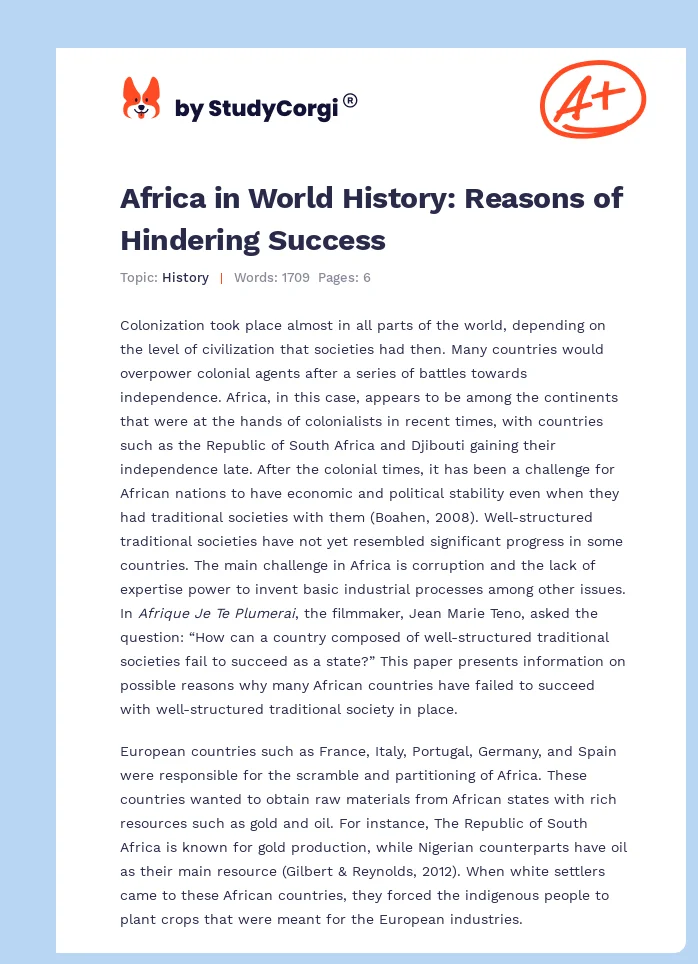 Africa in World History: Reasons of Hindering Success. Page 1
