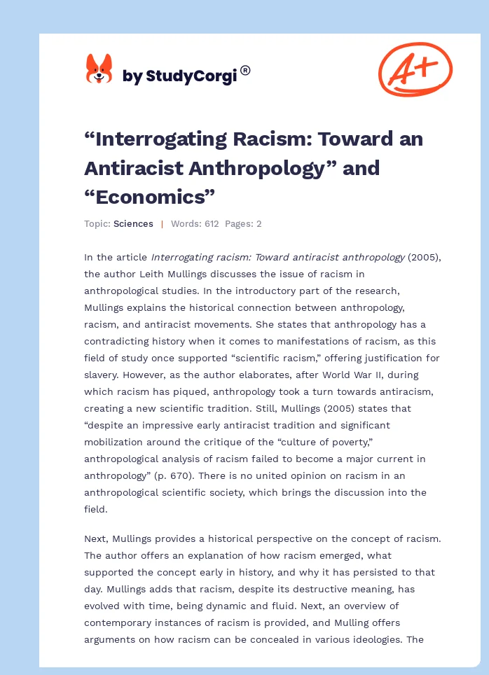 “Interrogating Racism: Toward an Antiracist Anthropology” and “Economics”. Page 1
