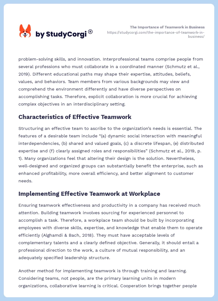 The Importance of Teamwork in Business. Page 2