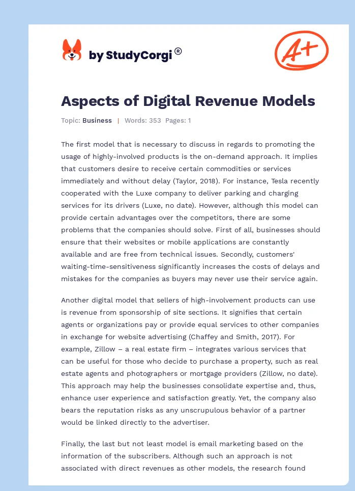 Aspects of Digital Revenue Models. Page 1
