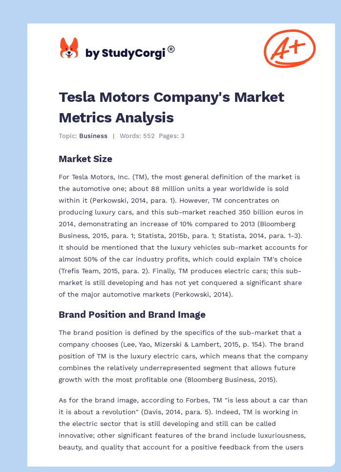 Tesla Motors Company's Market Metrics Analysis. Page 1
