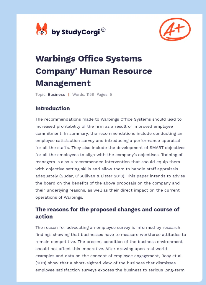 Warbings Office Systems Company' Human Resource Management. Page 1