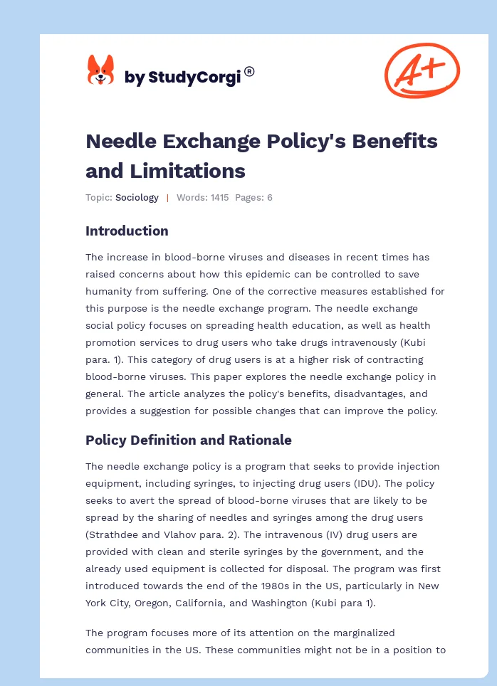Needle Exchange Policy's Benefits and Limitations. Page 1