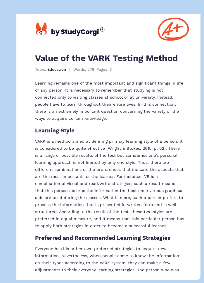 Value of the VARK Testing Method. Page 1