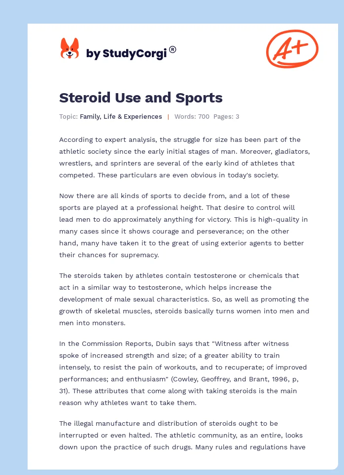 Steroid Use and Sports. Page 1