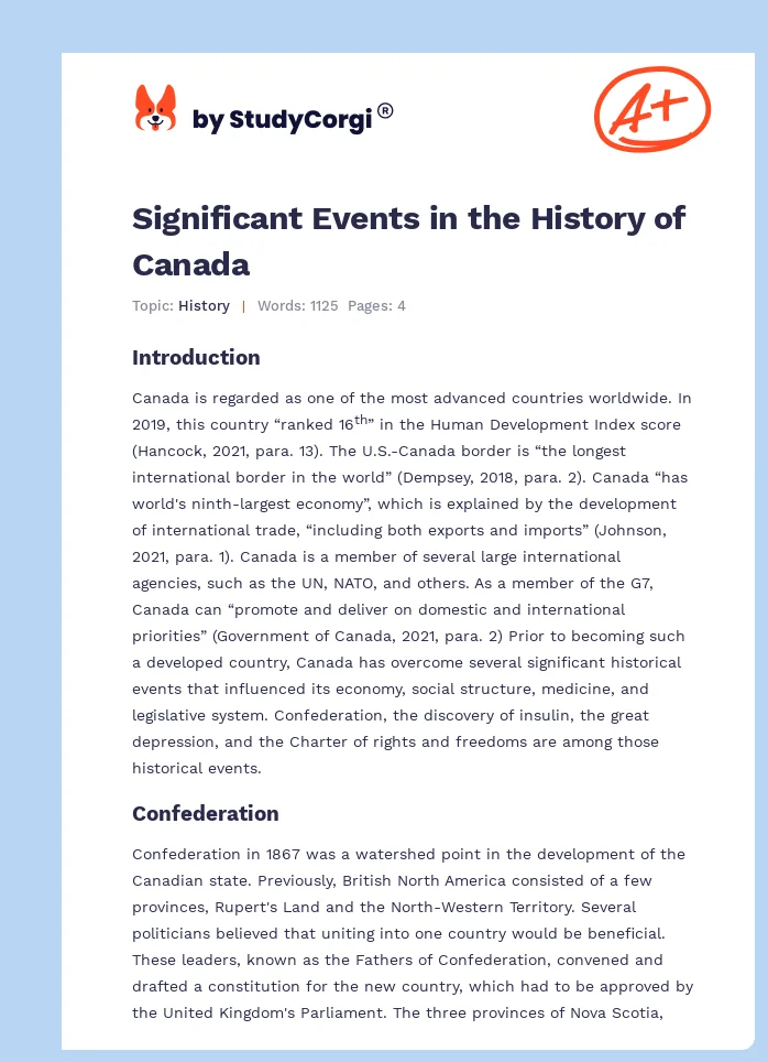 Significant Events in the History of Canada. Page 1