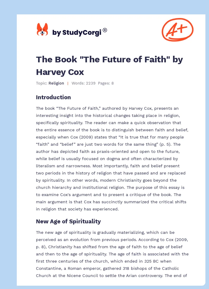 The Book "The Future of Faith" by Harvey Cox. Page 1