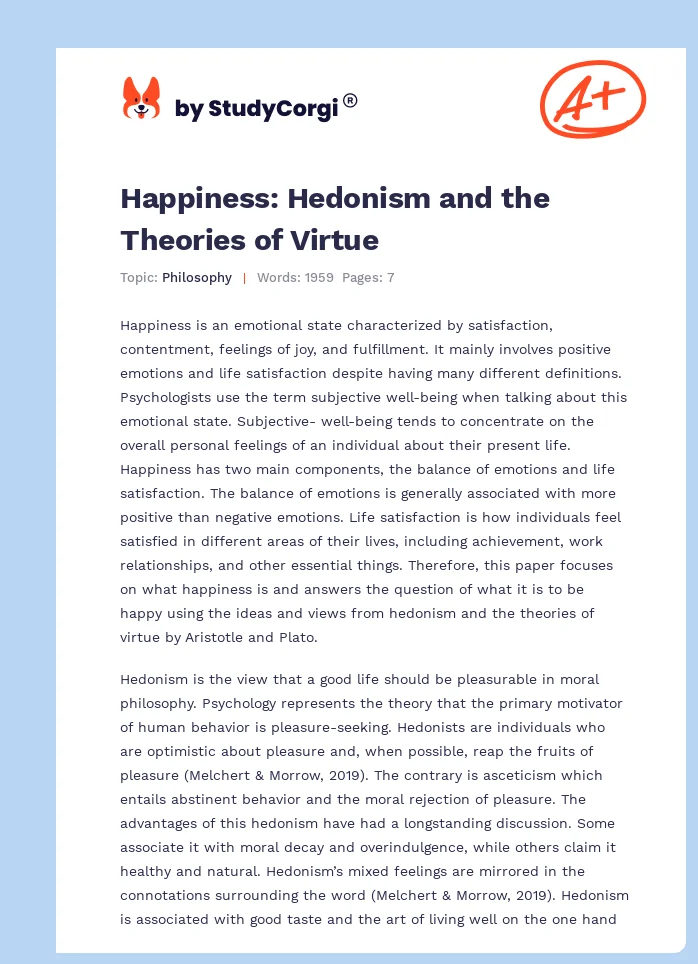 Happiness: Hedonism and the Theories of Virtue. Page 1