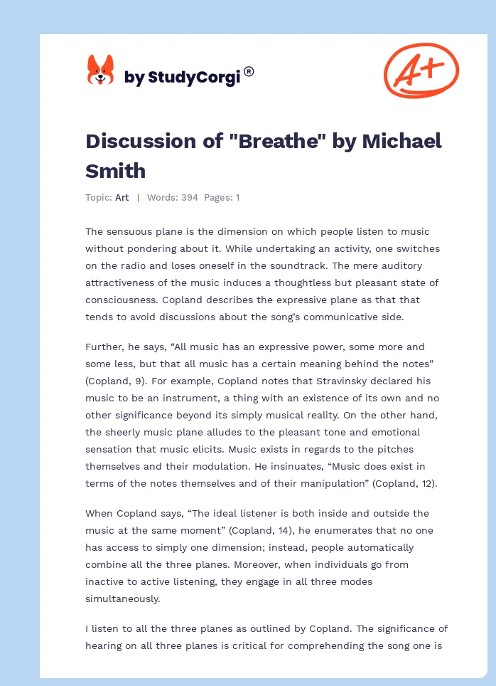 Discussion of "Breathe" by Michael Smith. Page 1