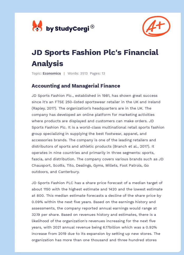 JD Sports Fashion Plc's Financial Analysis. Page 1