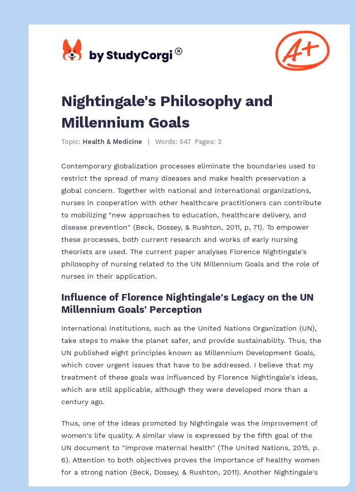Nightingale's Philosophy and Millennium Goals. Page 1