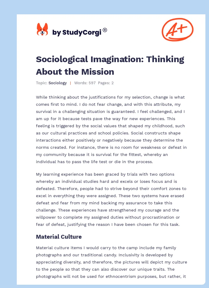 Sociological Imagination: Thinking About the Mission. Page 1
