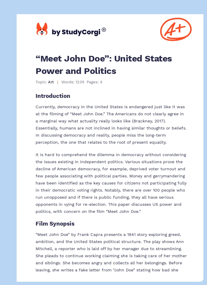 “Meet John Doe”: United States Power and Politics. Page 1