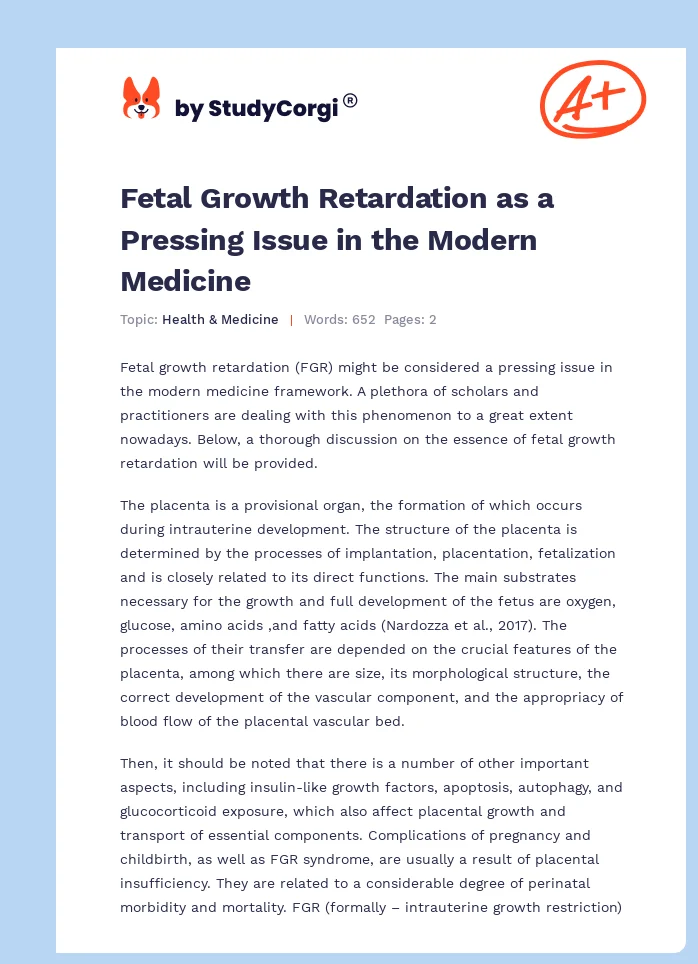 Fetal Growth Retardation as a Pressing Issue in the Modern Medicine. Page 1