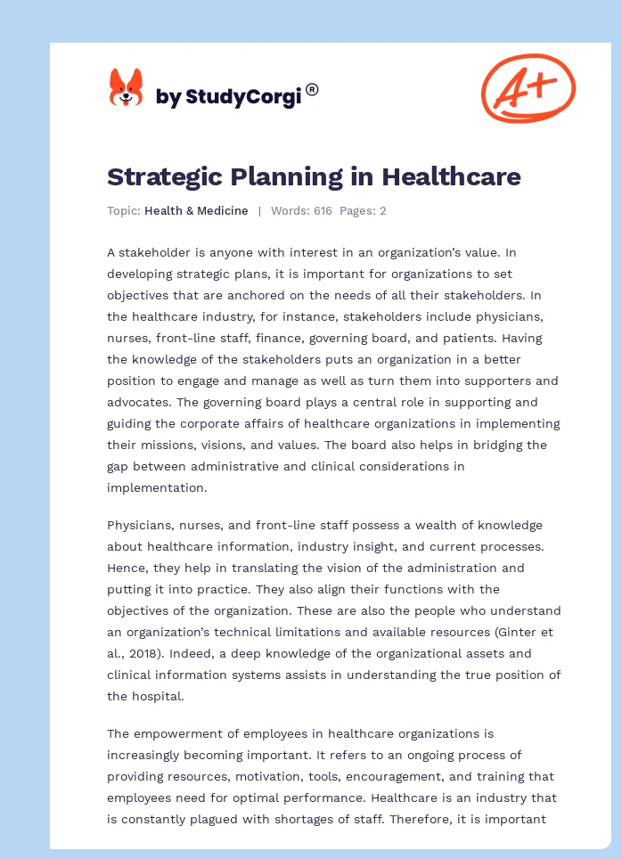 Strategic Planning in Healthcare. Page 1