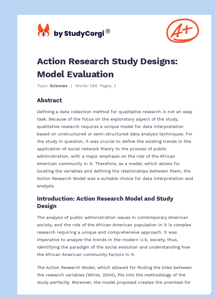 Action Research Study Designs: Model Evaluation. Page 1