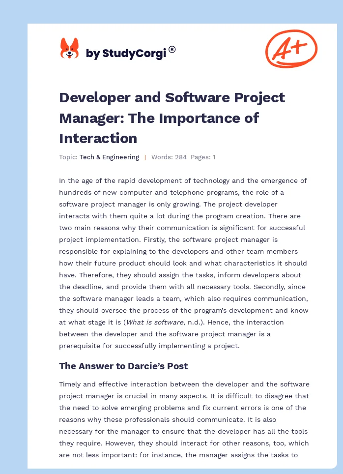 Developer and Software Project Manager: The Importance of Interaction. Page 1