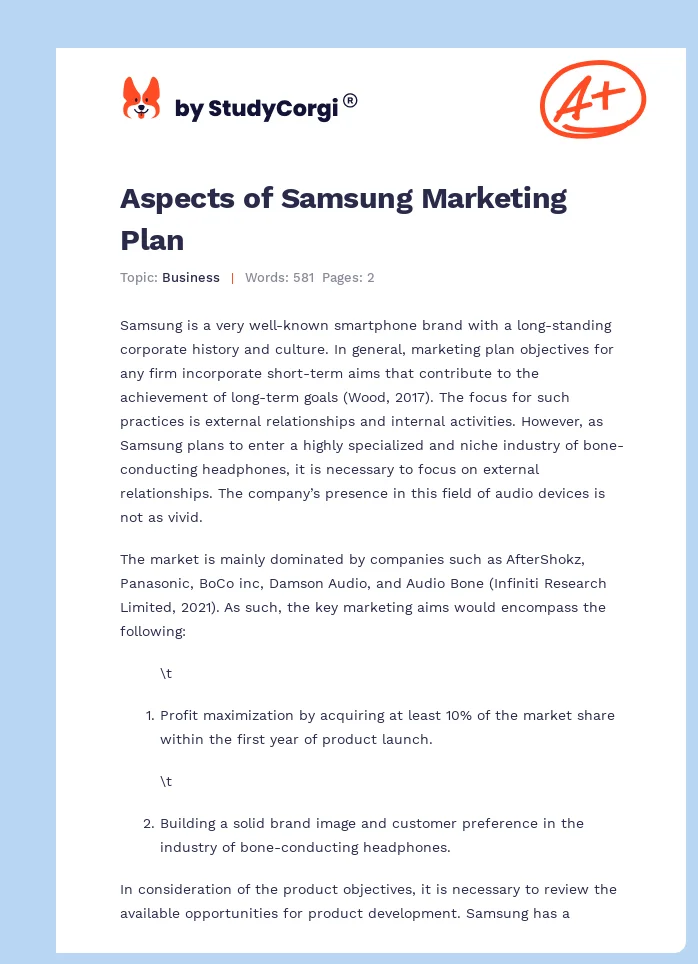 Aspects of Samsung Marketing Plan. Page 1