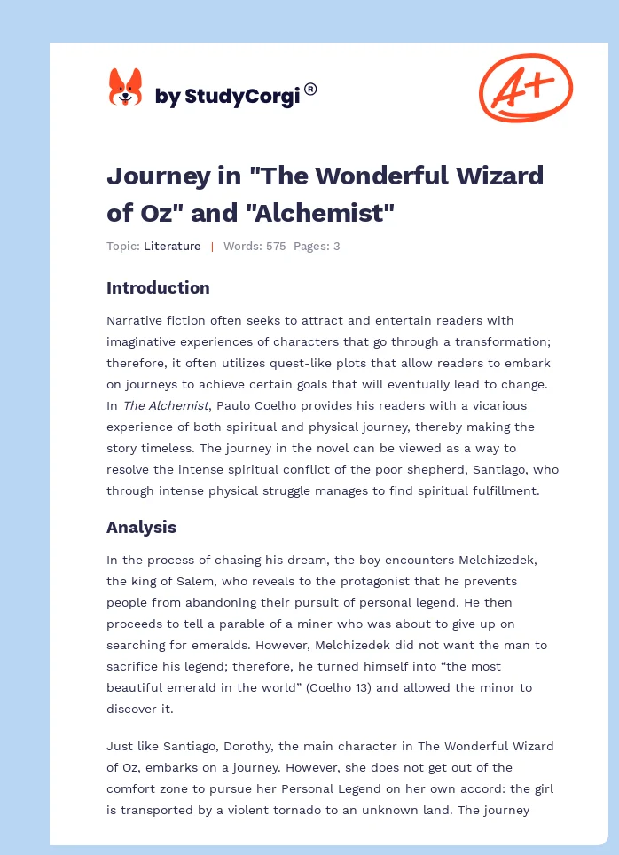 Journey in "The Wonderful Wizard of Oz" and "Alchemist". Page 1